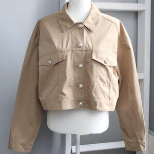 St. John Women's Khaki Tan Rhinestone Pearl Buttons Cropped Jacket Size Large